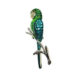 Parrot Brooch Pin Green Silver-Tone Branches bird nature jewelry tropical